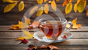 A cup of tea on a wooden table with leaves falling around it