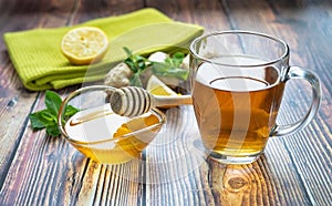 A cup of tea on a wooden table stock image