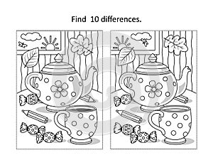 Cup and teapot find the differences picture puzzle and coloring page