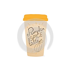 A cup to carry with lettering `Pumpkin latte` and a pumpkin drawn.