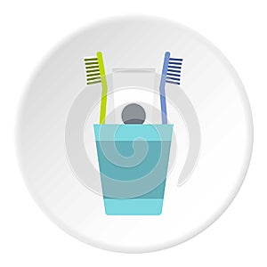 Cup with toothbrushes and toothpaste icon