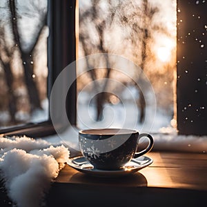 a cup on top of a wooden table next to a window surrounded by snow