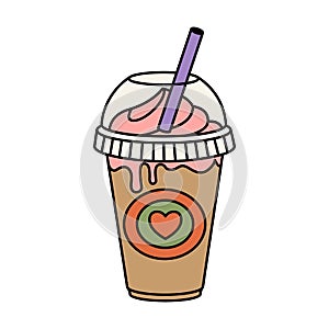 A cup of Valentine\'s coffee. Cold drink with a straw.