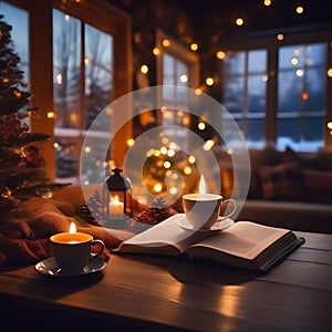 Cup of warm coffee and herbal tea, Christmas candles and a favorite book, lit Christmas fireplace