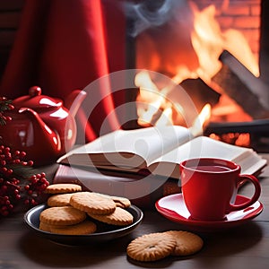 Cup of warm coffee and herbal tea, Christmas cookies and a favorite book, lit Christmas fireplace