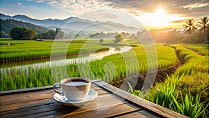 a cup of warm coffee in the morning with a rice field background