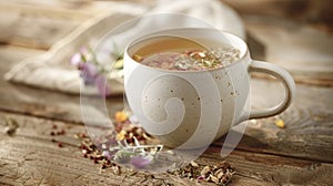 A cup of warm herbal tea steeps in a delicate porcelain mug. Each sip of this Ayurvedic blend brewed with healing herbs