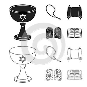 A cup of wine, Islamic beads, ten commandments, tanakh. Religion set collection icons in black,outline style vector