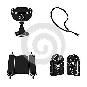 A cup of wine, Islamic beads, ten commandments, tanakh. Religion set collection icons in black style vector symbol stock