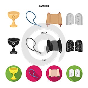 A cup of wine, Islamic beads, ten commandments, tanakh. Religion set collection icons in cartoon,black,flat style vector