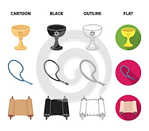 A cup of wine, Islamic beads, ten commandments, tanakh. Religion set collection icons in cartoon,black,outline,flat