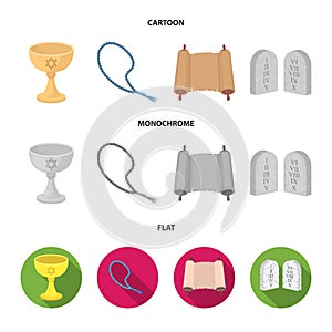 A cup of wine, Islamic beads, ten commandments, tanakh. Religion set collection icons in cartoon,flat,monochrome style