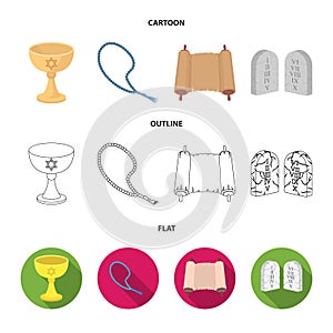A cup of wine, Islamic beads, ten commandments, tanakh. Religion set collection icons in cartoon,outline,flat style