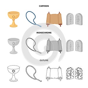 A cup of wine, Islamic beads, ten commandments, tanakh. Religion set collection icons in cartoon,outline,monochrome