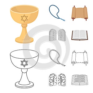 A cup of wine, Islamic beads, ten commandments, tanakh. Religion set collection icons in cartoon,outline style vector