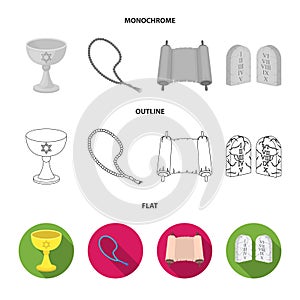 A cup of wine, Islamic beads, ten commandments, tanakh. Religion set collection icons in flat,outline,monochrome style