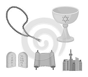 A cup of wine, Islamic beads, ten commandments, tanakh. Religion set collection icons in monochrome style vector symbol