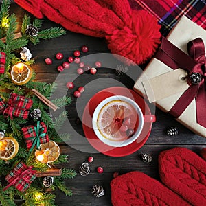 Cup of winter tea with decorated fir branches, cranberries, red mittens, hat, Christmas present with empty tag and plaid blanket o