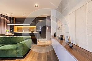 Cupboard with vases and clock in modern elegant living room interior with green velvet sofa and dark kitchen corner