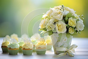 Cupcake bar decorated by flowers standing of festive table with deserts