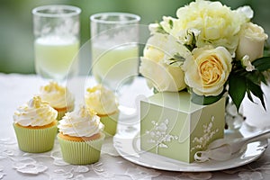 Cupcake bar decorated by flowers standing of festive table with deserts