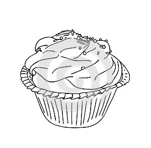 Cupcake basket with cream and confectionery dressing in black and white colors, outline hand painted drawing
