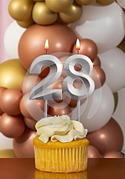 Cupcake with birthday candle on balloons background - Number 28