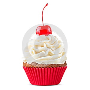 Cupcake. Birthday cupcake with cherry on top. Red cup liners. Happy Birthday. Tasty baking cupcakes, cake or muffin