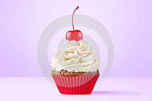 Cupcake. Birthday cupcake with cherry on top. Red cup liners. Happy Birthday. Tasty baking cupcakes, cake or muffin