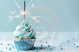 Cupcake With Blue Frosting and Sparkler