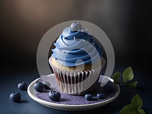 Cupcake with blueberry cream and blueberries on a plate on a dark background