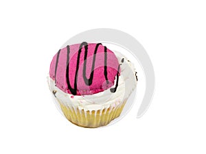 Cupcake with bright cookies decorated with chocolate isolated on a white background.