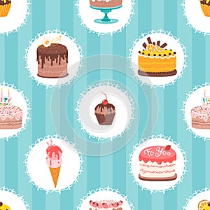 Cupcake, cake and ice cream vintage seamless pattern in round frames. Cute hand drawn vector illustration sweets