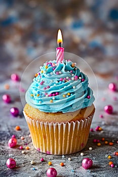 Cupcake with candle on it has blue frosting and is decorated with colored sprinkles. Generative AI