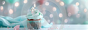 cupcake with candle on light background,