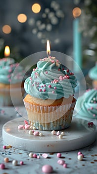 cupcake with candle on light background,