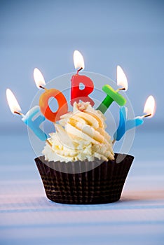 Cupcake with a candles for 40 - fortieth birthday . Happy birthday !