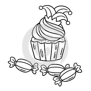 Cupcake and Candy Isolated Coloring Page for Kids