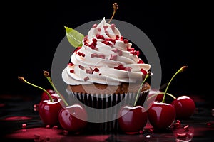 cupcake with cherry, dark background.ai generative