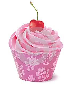 Cupcake with cherry. Realistic vector