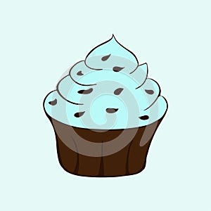 Cupcake with chocolate sprinkles isolated. Sweet Dessert with blue cream. Vector illustration