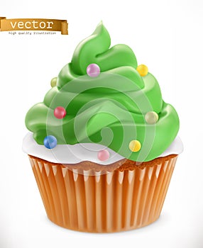Cupcake. Christmas decorations, 3d vector icon