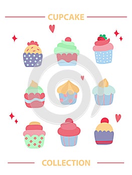 Cupcake clipart set, colorful cupcakes vector illustration, sweet clipart.