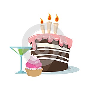 Cupcake and cocktail with Birthday cake with candles icon, colorful design