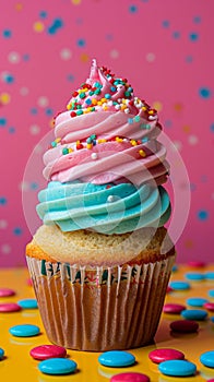 A cupcake with a colorful frosting on top of yellow and pink colored paper, AI