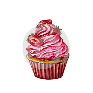 Cupcake with cream and strawberries. Watercolor illustration. Isolate on white background.