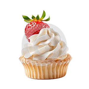 Cupcake with cream and strawberry isolated on transparent background.