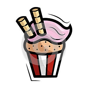 Cupcake with cream and wafers. Vector