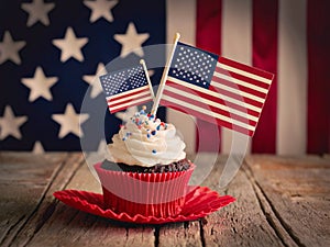 Cupcake decorated with american flag for happy Independence Day 4th july background. Holidays table,