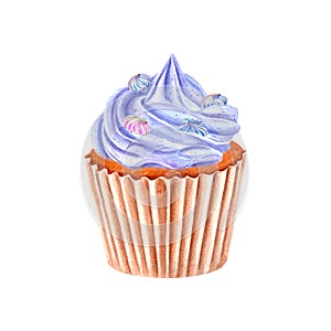 Cupcake decorated with blue whipped cream and meringue. Baked meringue cookies or meringa. Muffin in paper wrapper